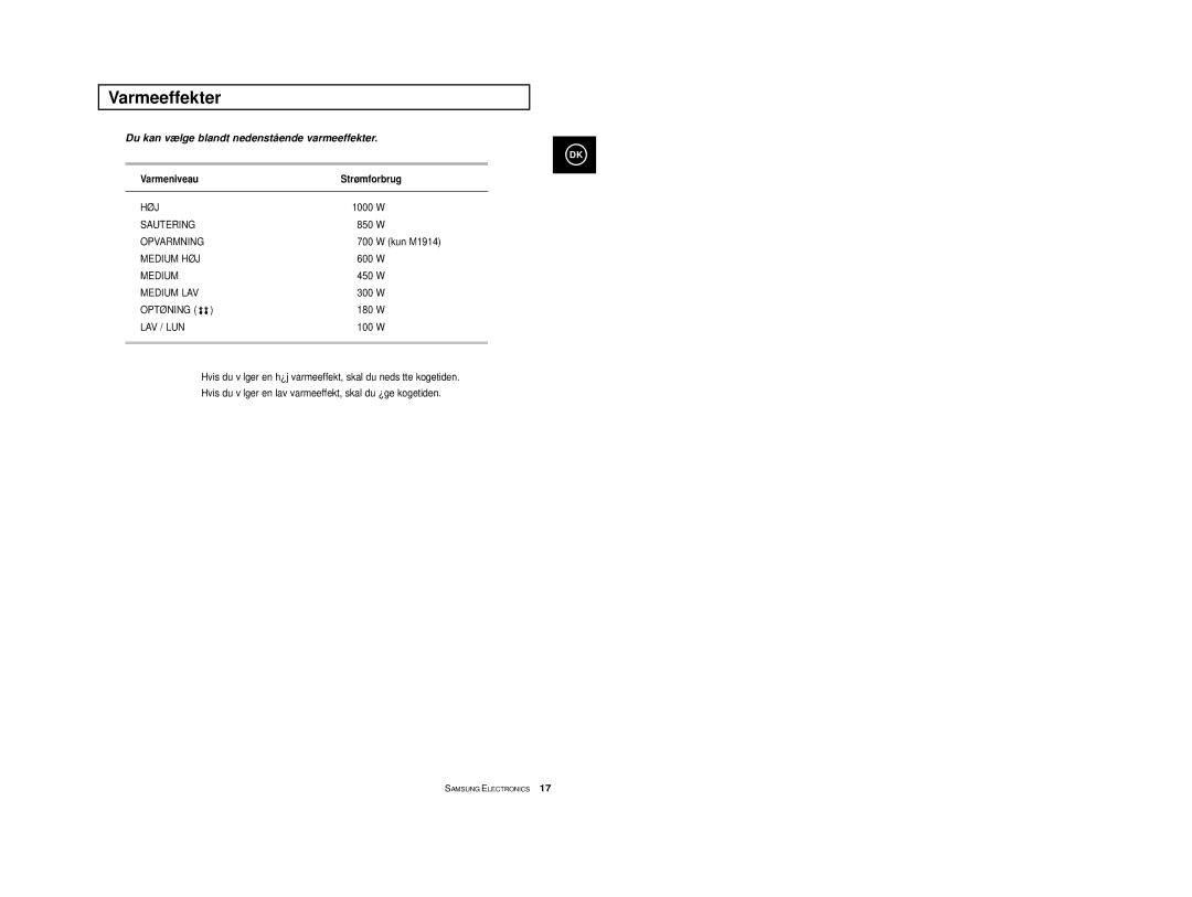 Samsung M1974 manual Varmeeffekter, Du kan vælge blandt nedenstående varmeeffekter, Varmeniveau Strømforbrug, Kun M1914 