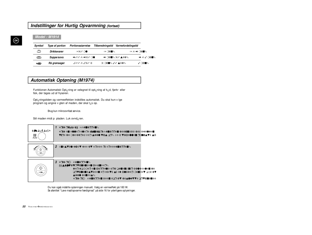 Samsung M1914 manual Indstillinger for Hurtig Opvarmning fortsat, Automatisk Optøning M1974, Tryk på Auto -knappen 