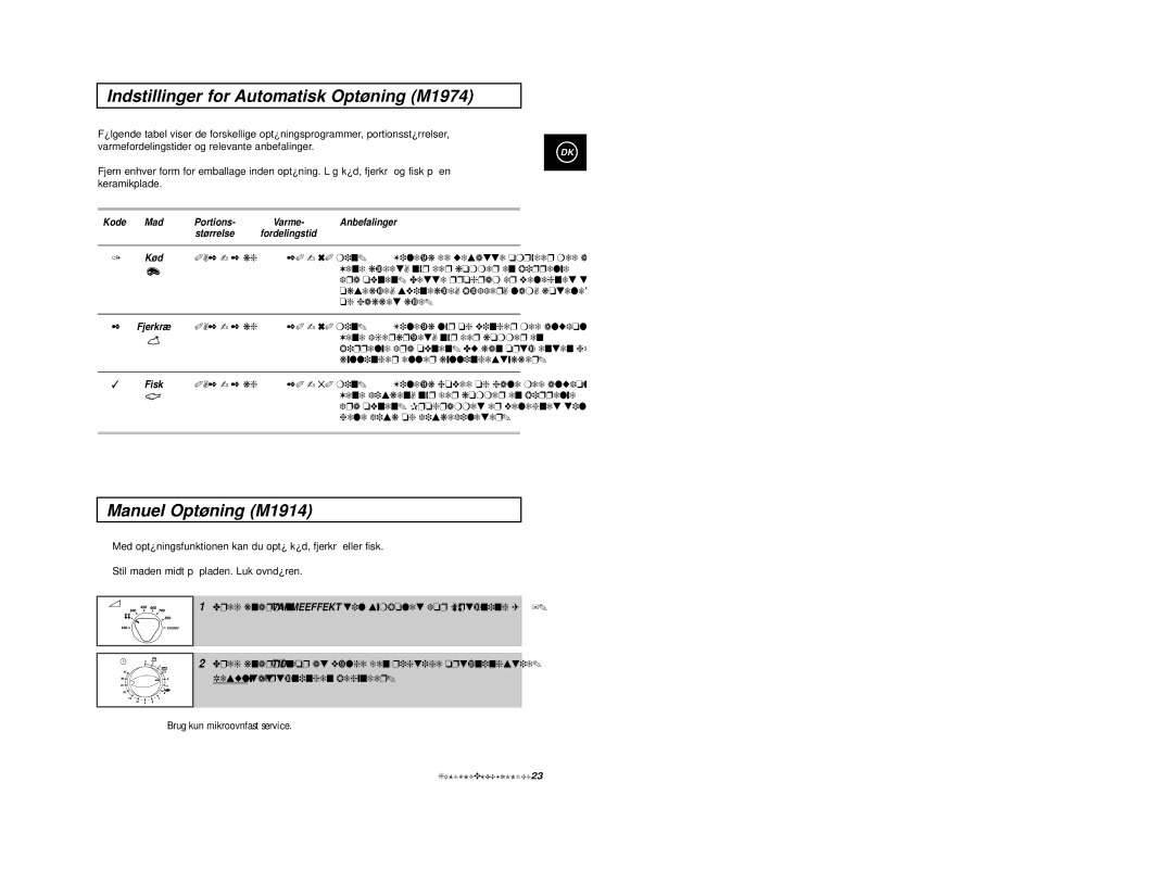 Samsung manual Indstillinger for Automatisk Optøning M1974, Manuel Optøning M1914, Anbefalinger, Størrelse 