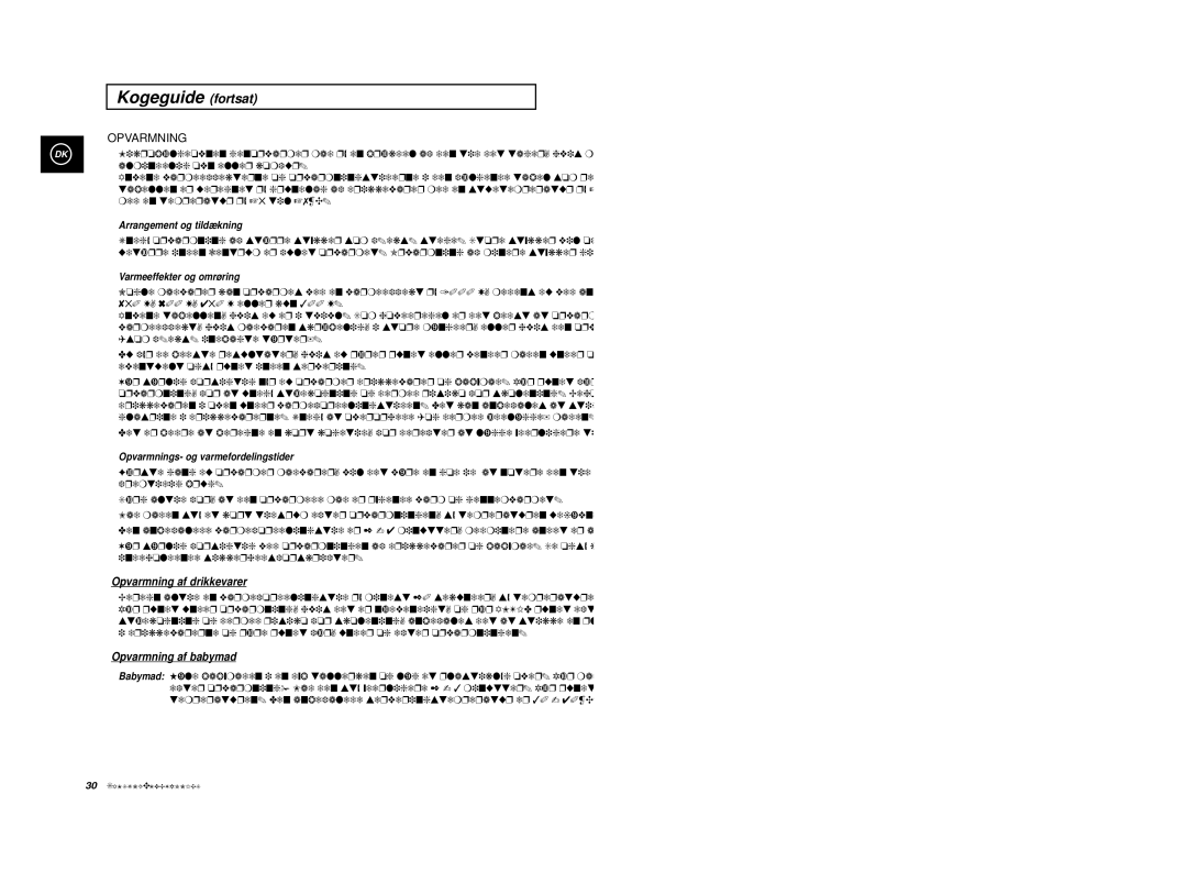 Samsung M1914 manual Opvarmning af drikkevarer, Opvarmning af babymad, Arrangement og tildækning, Varmeeffekter og omrøring 