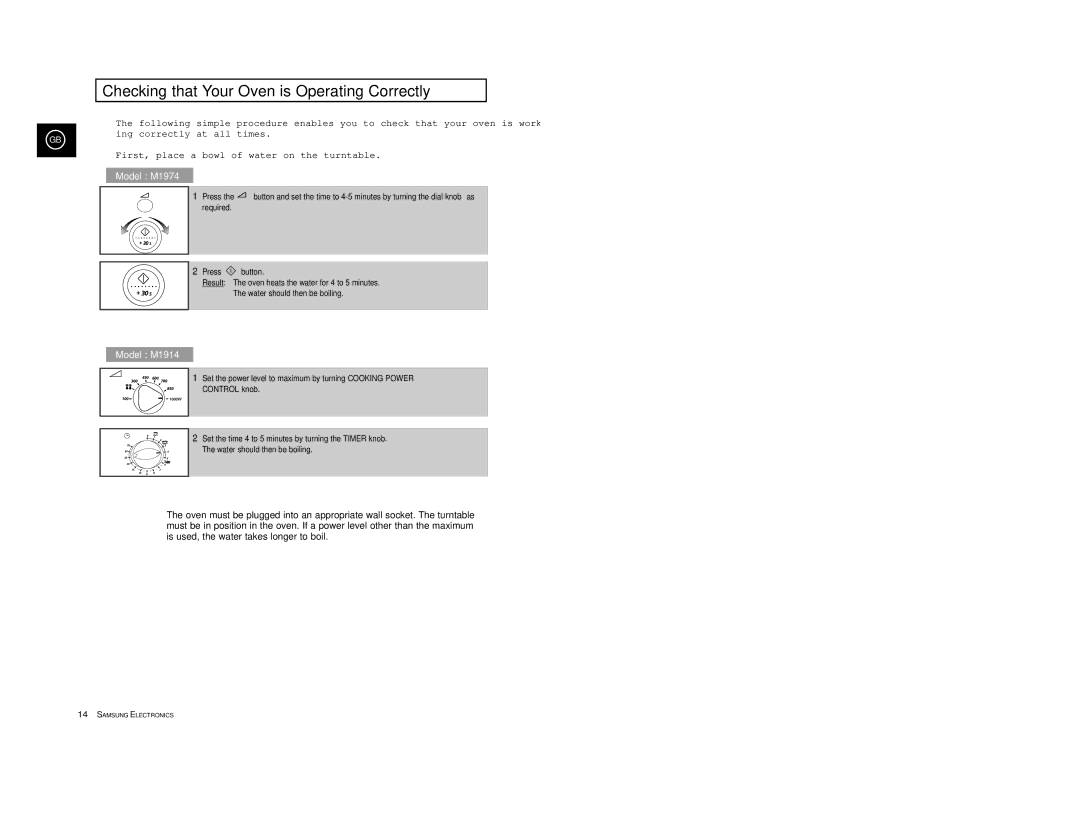 Samsung M1914 manual Checking that Your Oven is Operating Correctly, Model M1974 