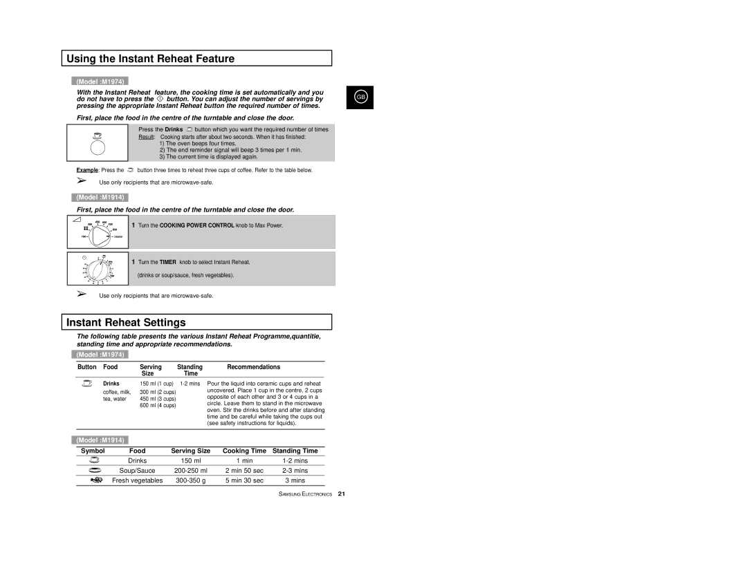 Samsung M1974 Using the Instant Reheat Feature, Instant Reheat Settings, Button. You can adjust the number of servings by 