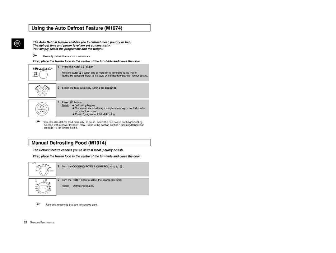 Samsung Using the Auto Defrost Feature M1974, Manual Defrosting Food M1914, Turn the Cooking Power Control knob to 