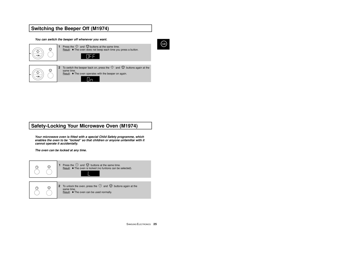 Samsung M1914 manual Switching the Beeper Off M1974, Safety-Locking Your Microwave Oven M1974 