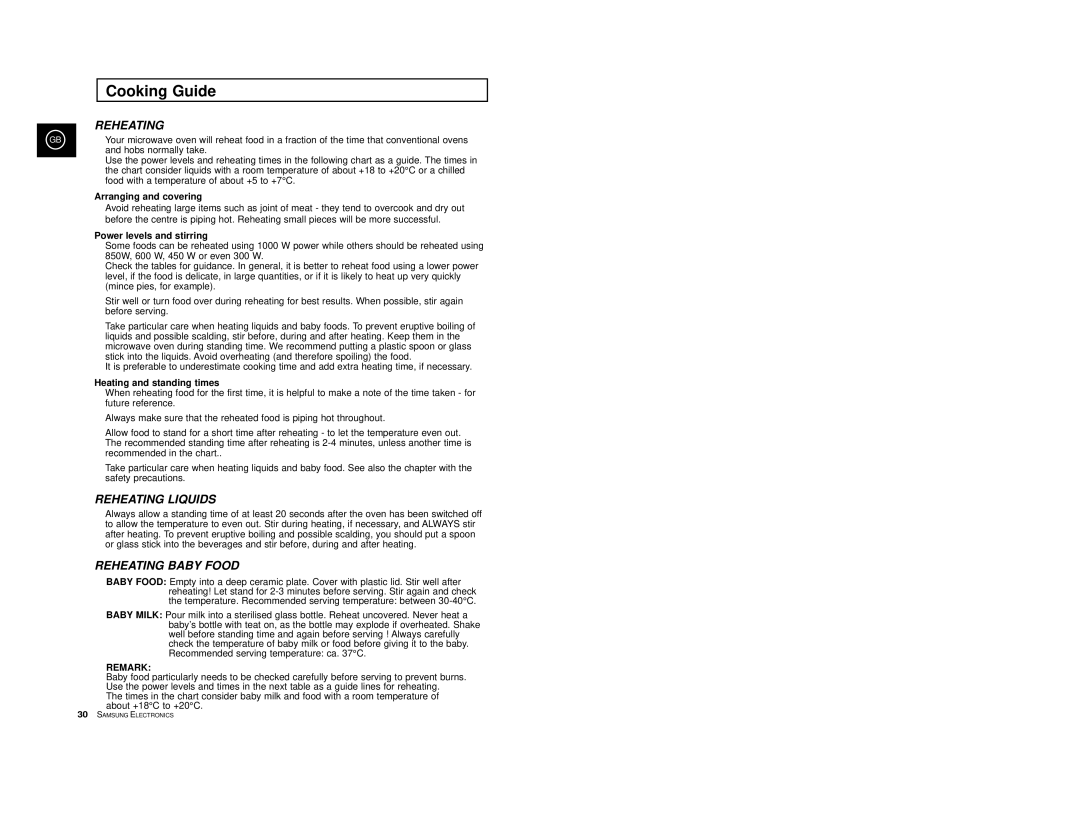 Samsung M1914, M1974 manual Reheating Liquids, Reheating Baby Food 