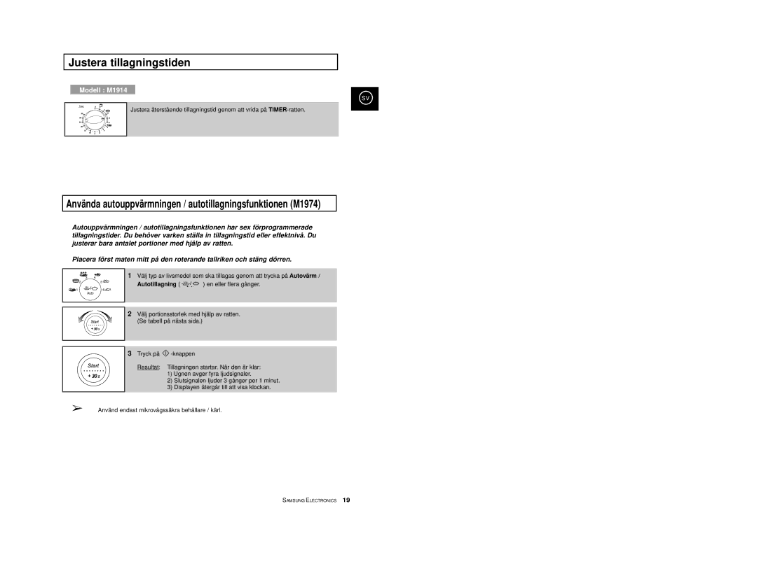 Samsung M1914 manual Använda autouppvärmningen / autotillagningsfunktionen M1974 