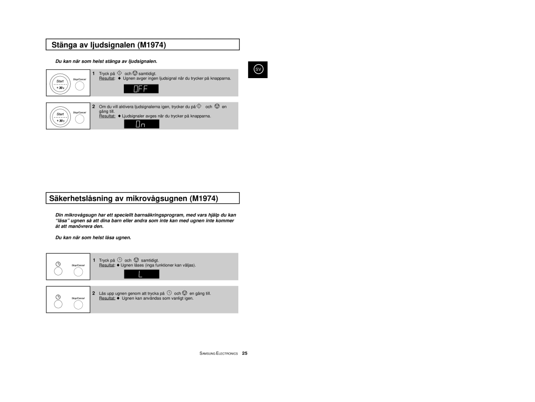 Samsung M1914 manual Stänga av ljudsignalen M1974, Säkerhetslåsning av mikrovågsugnen M1974 