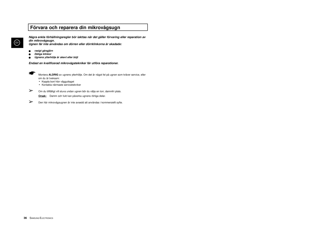 Samsung M1914, M1974 manual Förvara och reparera din mikrovågsugn 