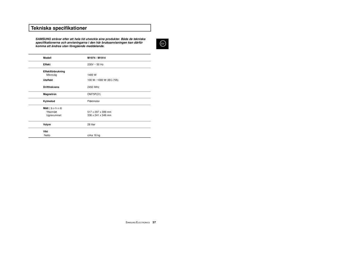 Samsung M1974, M1914 manual Tekniska specifikationer 