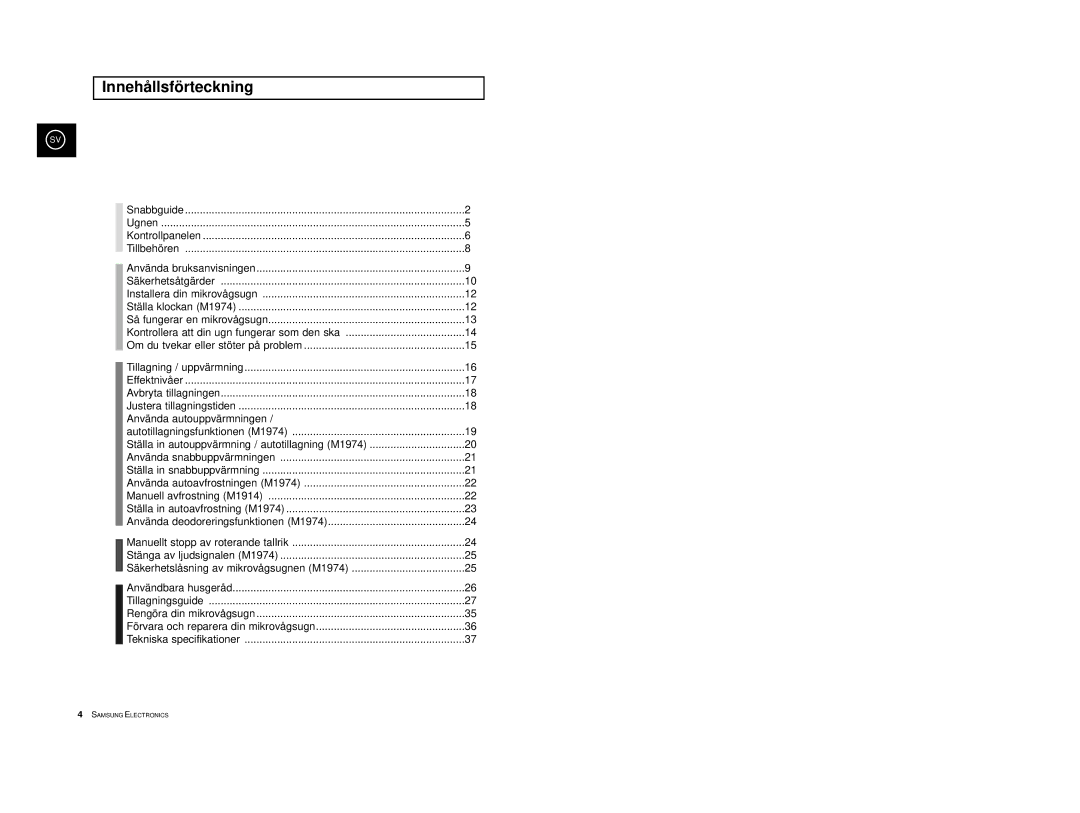 Samsung M1914, M1974 manual Innehållsförteckning 