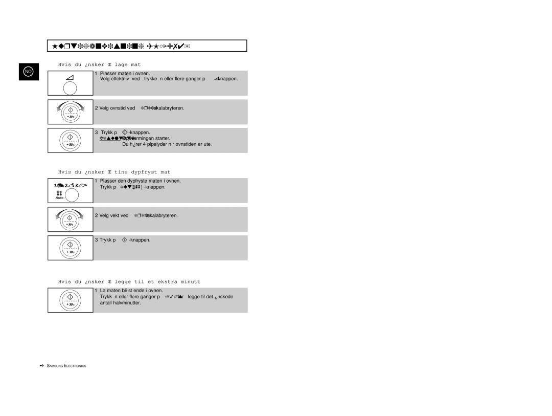 Samsung M1914 manual Hurtiganvisning M1974, Hvis du ønsker å lage mat, Hvis du ønsker å tine dypfryst mat 