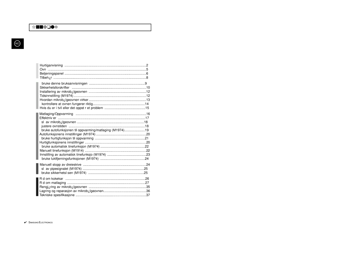 Samsung M1914 manual Innhold, Bruke autofunksjonen til oppvarming/matlaging M1974 