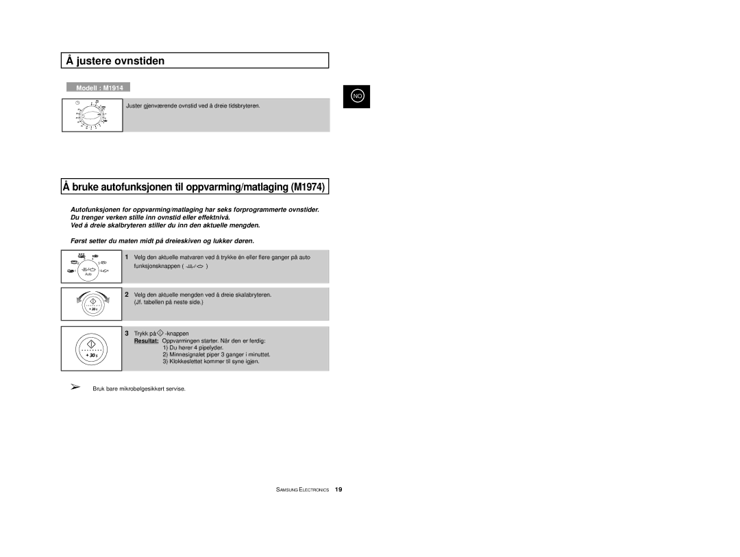 Samsung M1914 manual Bruke autofunksjonen til oppvarming/matlaging M1974 