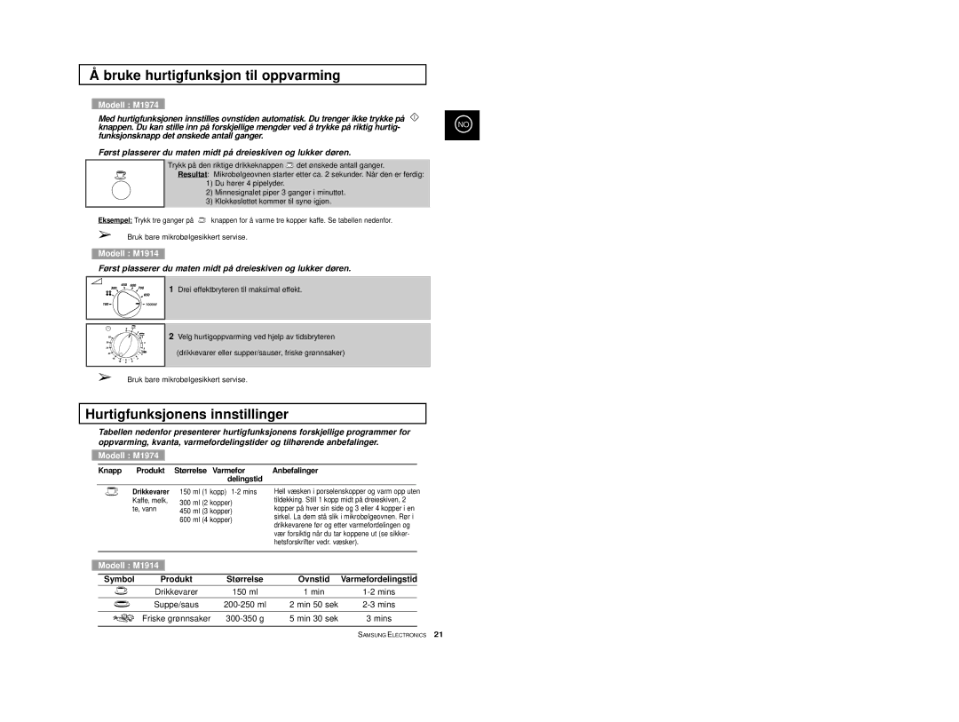 Samsung M1974, M1914 manual Bruke hurtigfunksjon til oppvarming, Hurtigfunksjonens innstillinger, ml Min Mins 