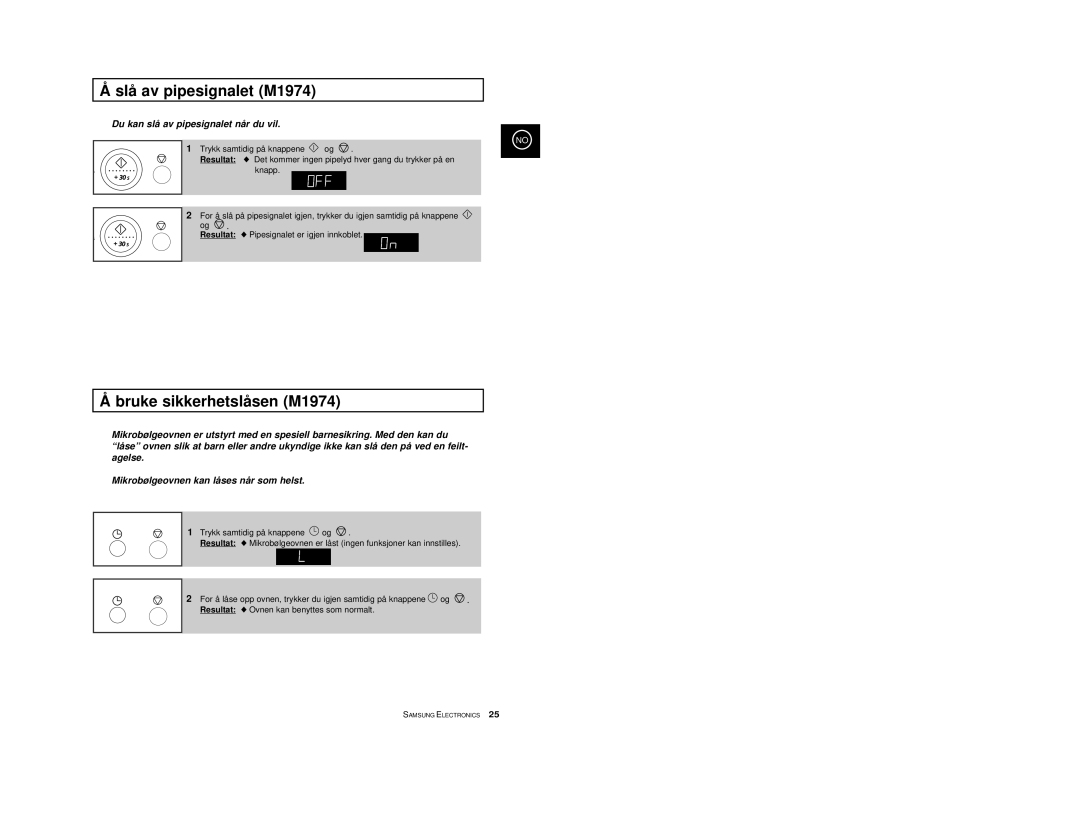 Samsung M1914 manual Slå av pipesignalet M1974, Bruke sikkerhetslåsen M1974, Du kan slå av pipesignalet når du vil 