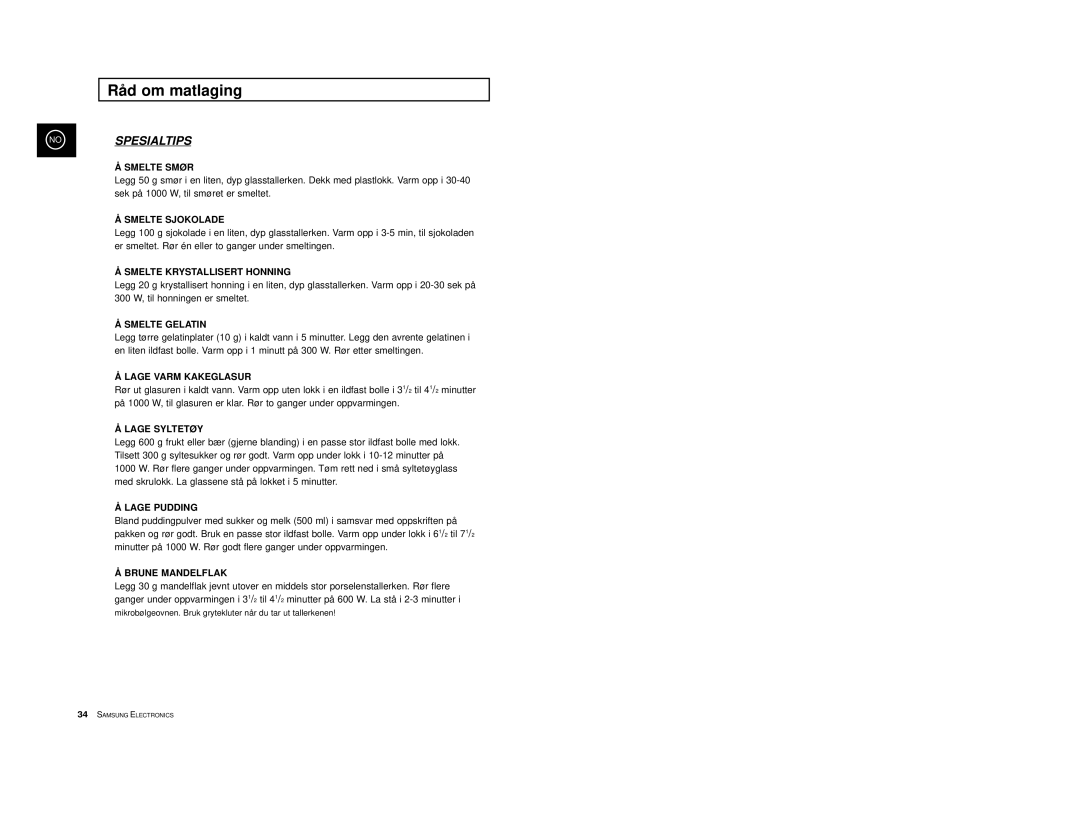 Samsung M1914, M1974 manual Nospesialtips, Smelte Smør 