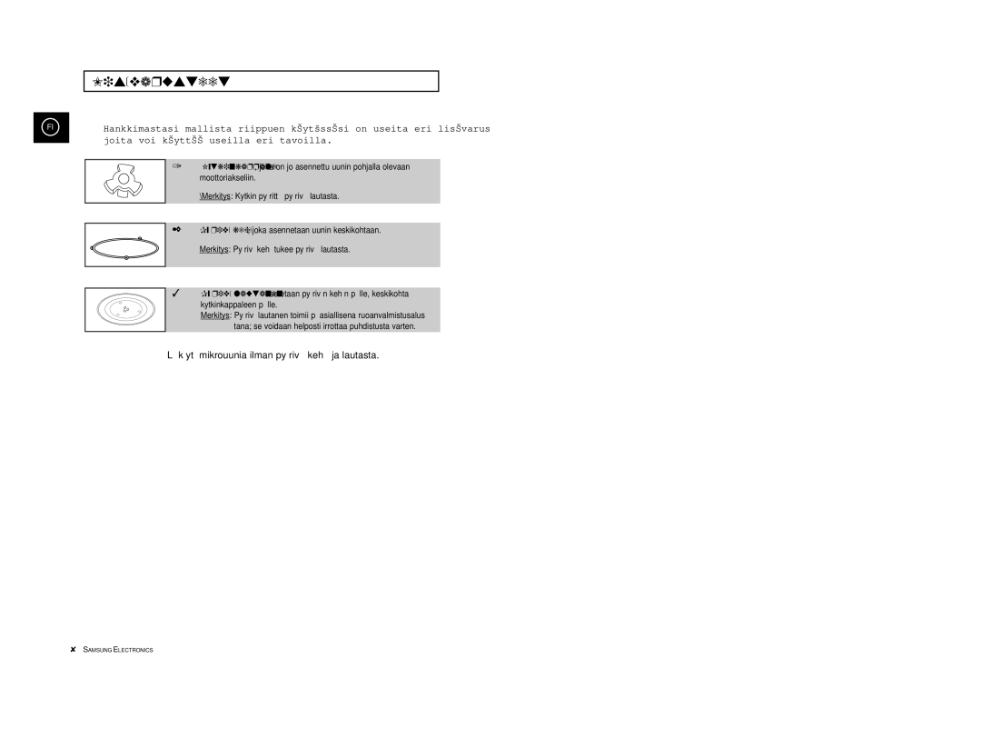 Samsung M1914, M1974 manual Lisävarusteet, Joita voi käyttää useilla eri tavoilla, Moottoriakseliin 