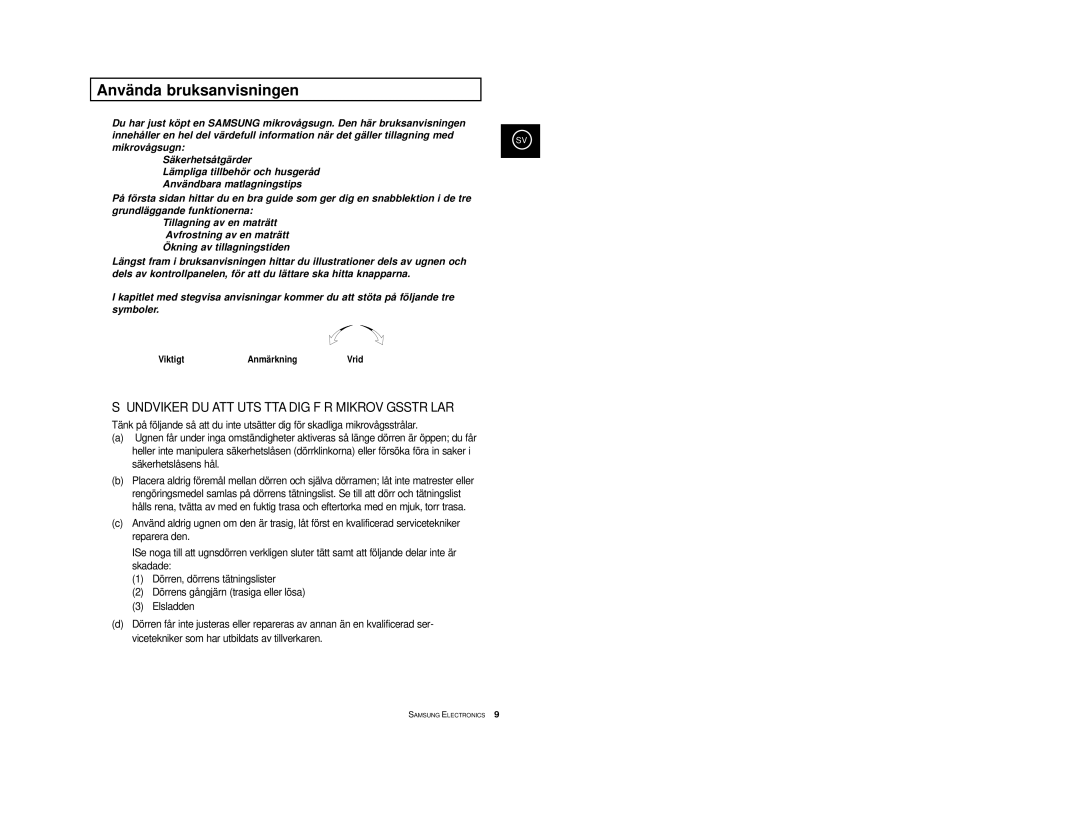 Samsung M1974, M1914 manual Använda bruksanvisningen, Viktigt Anmärkning 