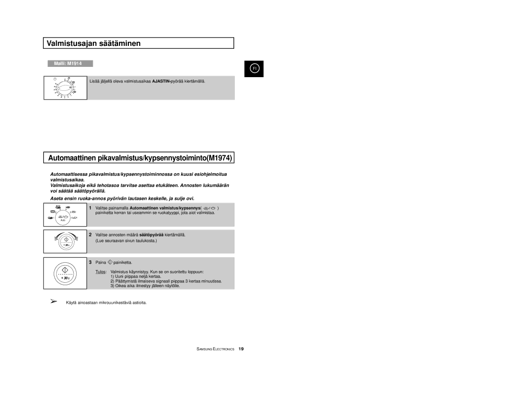 Samsung M1914 manual Automaattinen pikavalmistus/kypsennystoimintoM1974 