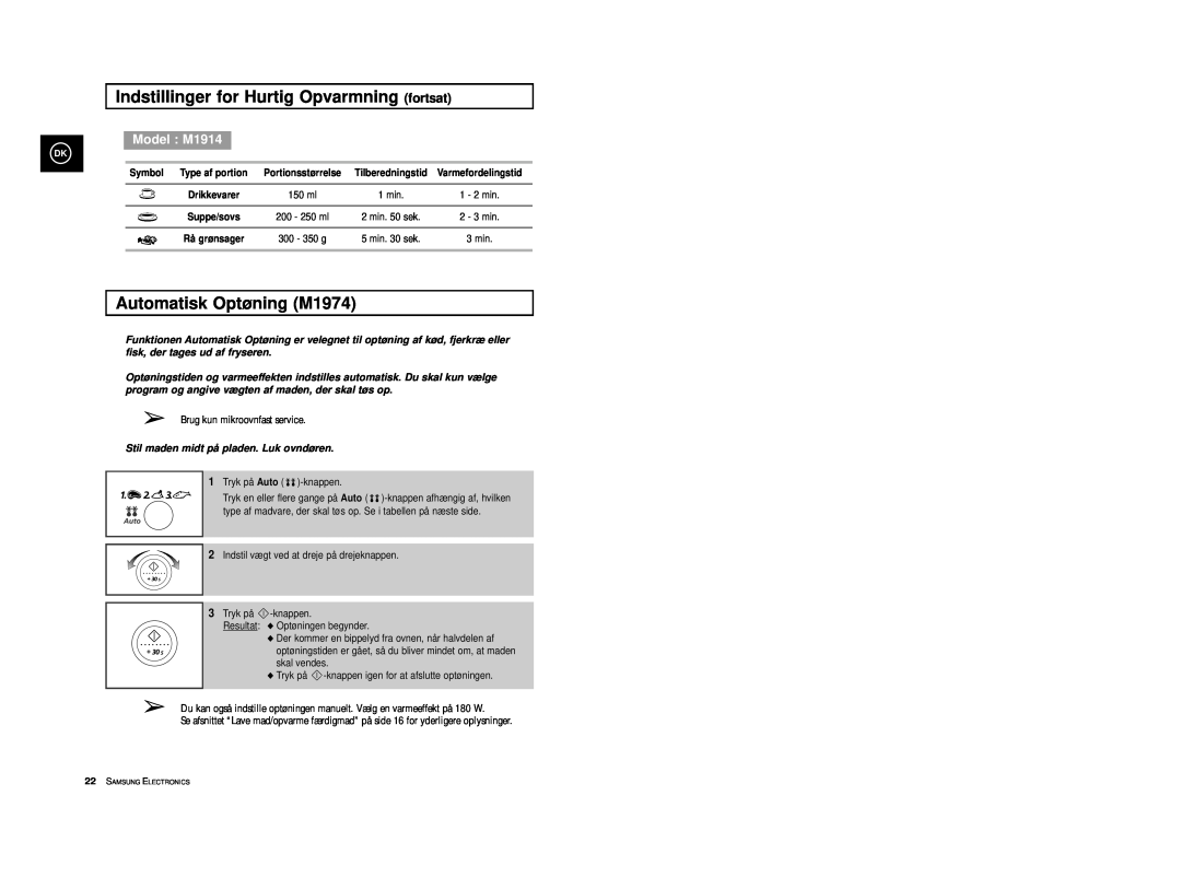 Samsung manual Indstillinger for Hurtig Opvarmning fortsat, Automatisk Optøning M1974, Model M1914, Symbol 