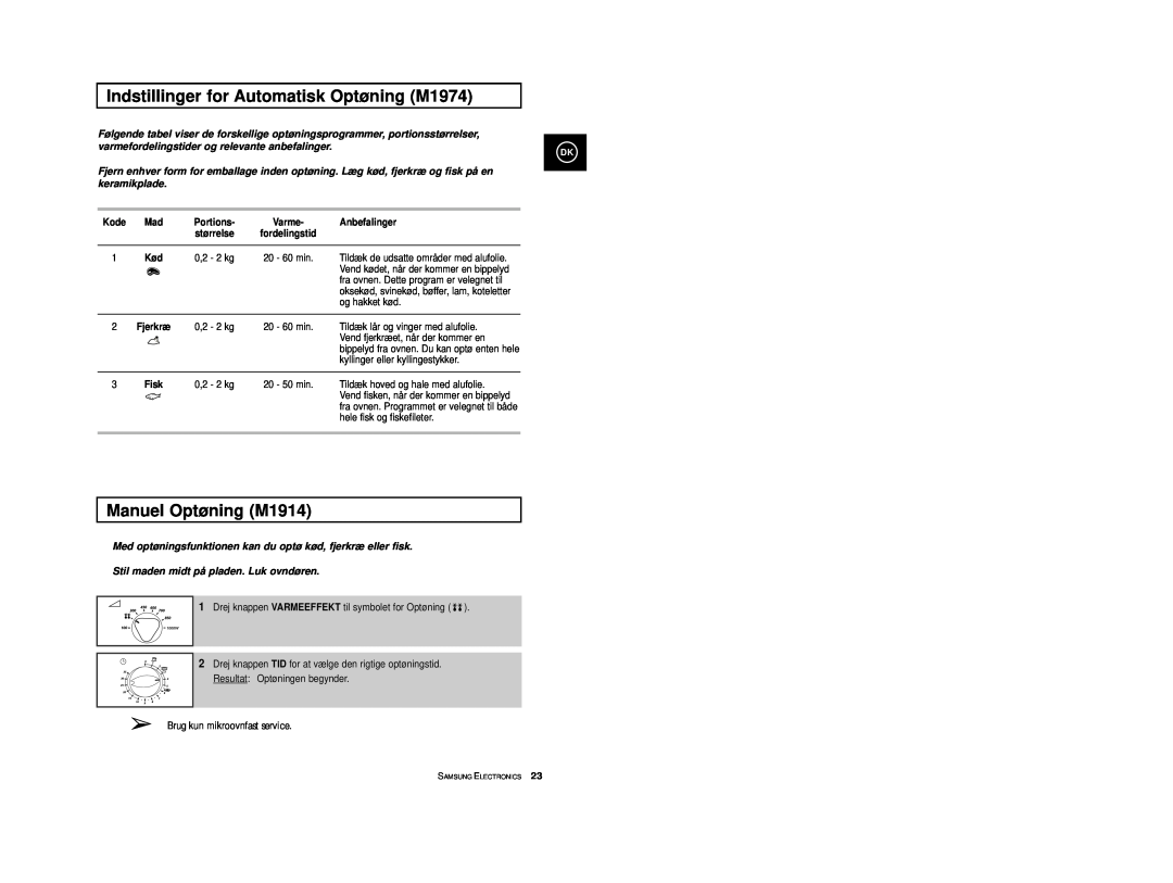 Samsung manual Indstillinger for Automatisk Optøning M1974, Manuel Optøning M1914, Portions, Anbefalinger, størrelse 