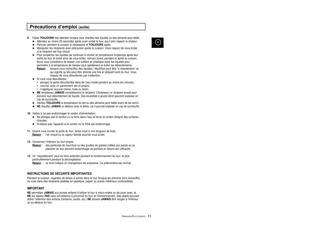 Samsung M1974/XEF, M1914A-X/XEF, M1974-1/XEF, M1914-X/XEF Précautions d’emploi suite, Conservez l’intérieur du four propre 