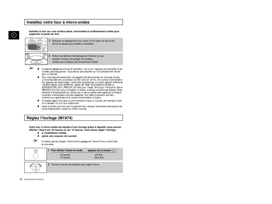 Samsung M1974-1/XEF, M1914A-X/XEF, M1974/XEF, M1914-X/XEF manual Installez votre four à micro-ondes, Réglez l’horloge M1974 