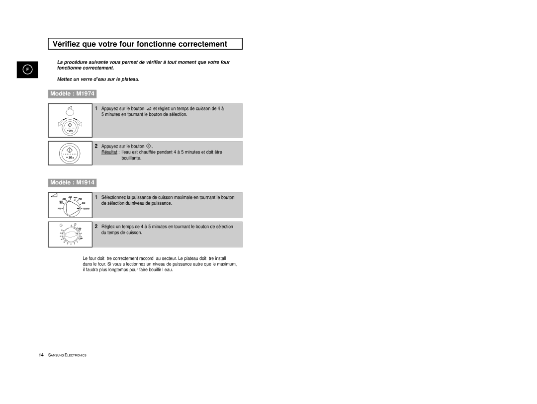 Samsung M1914/XEF, M1914A-X/XEF, M1974/XEF, M1974-1/XEF, M1914-X/XEF manual Vérifiez que votre four fonctionne correctement 