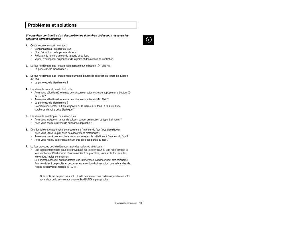 Samsung M1914A-X/XEF, M1974/XEF, M1974-1/XEF, M1914-X/XEF, M1914/XEF manual Problèmes et solutions 