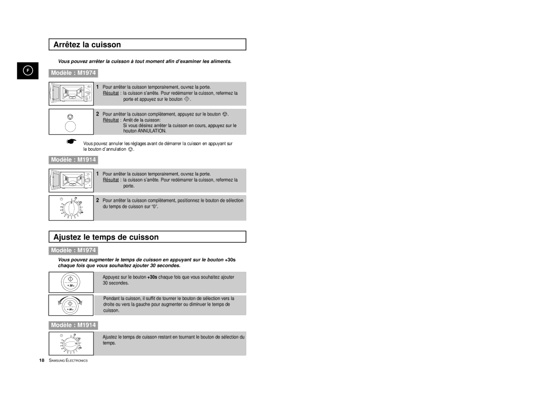 Samsung M1914-X/XEF, M1914A-X/XEF, M1974/XEF, M1974-1/XEF, M1914/XEF manual Arrêtez la cuisson, Ajustez le temps de cuisson 