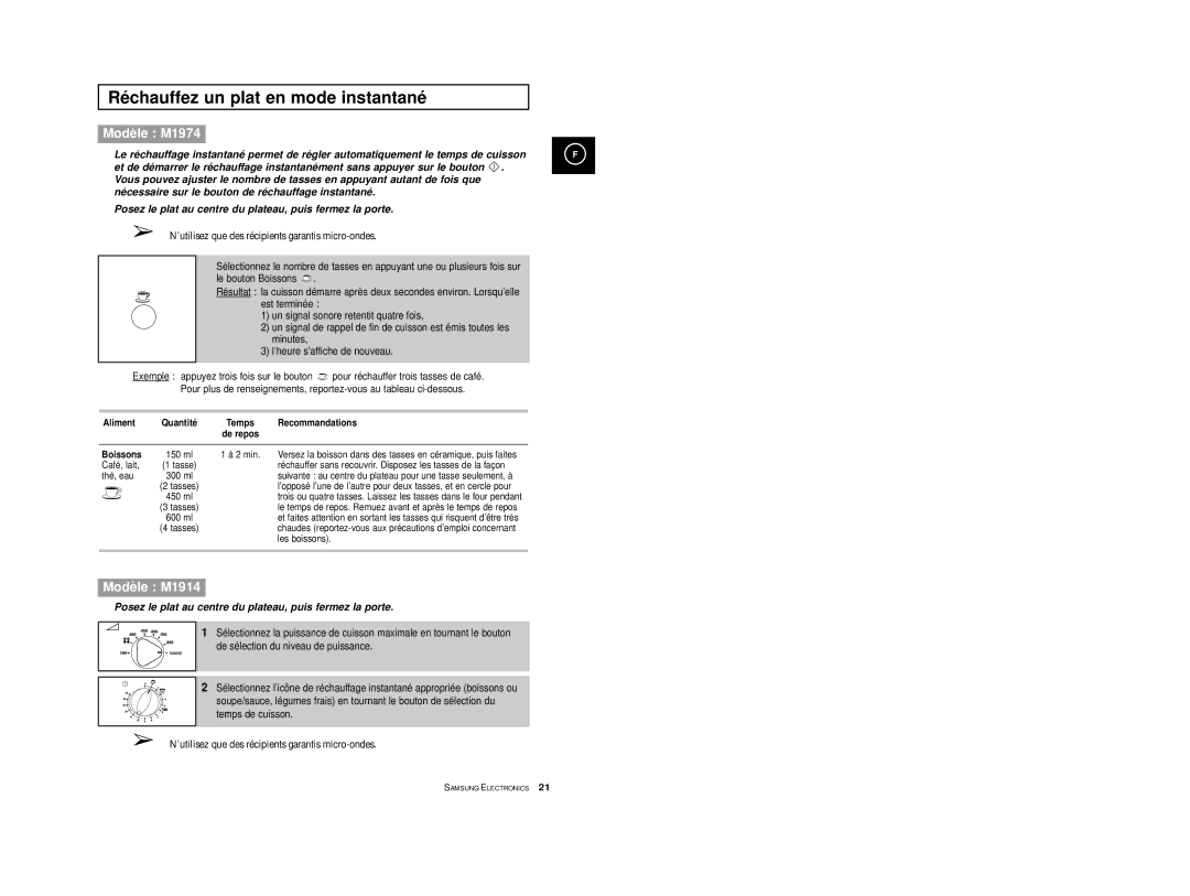 Samsung M1974/XEF, M1914A-X/XEF, M1974-1/XEF manual Réchauffez un plat en mode instantané, Café, lait, Thé, eau, Les boissons 