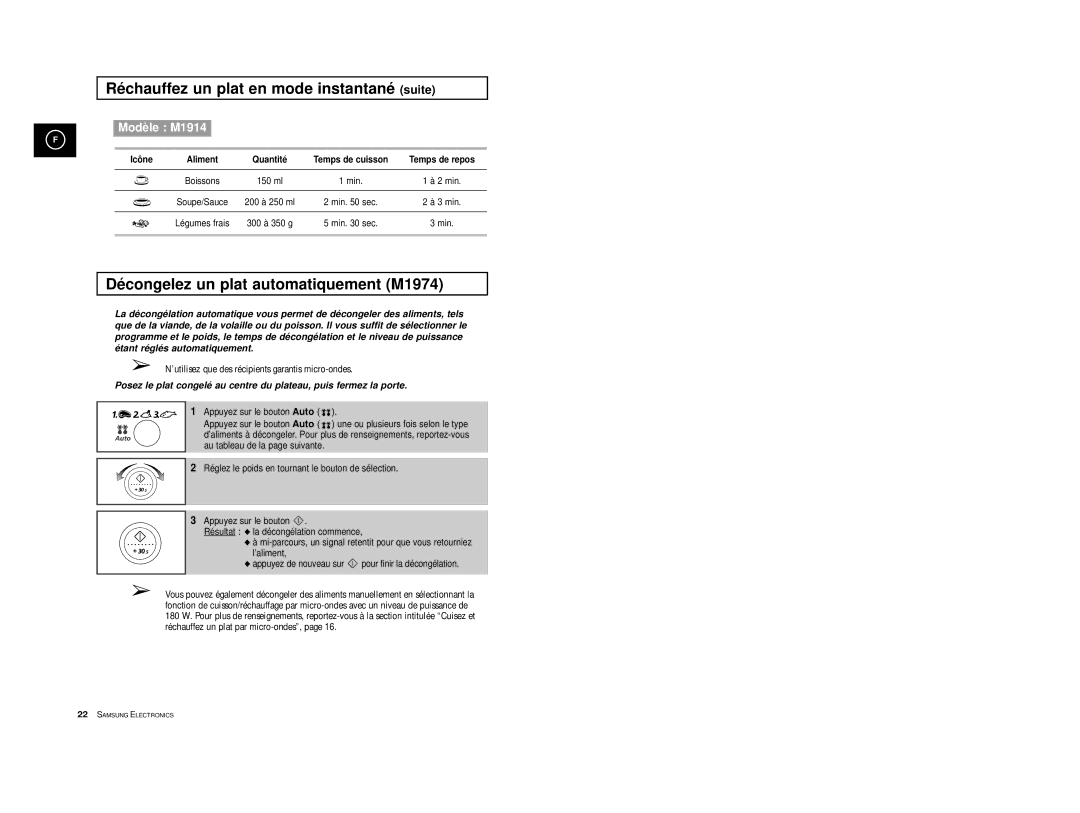 Samsung M1974-1/XEF, M1914A-X/XEF Réchauffez un plat en mode instantané suite, Décongelez un plat automatiquement M1974 