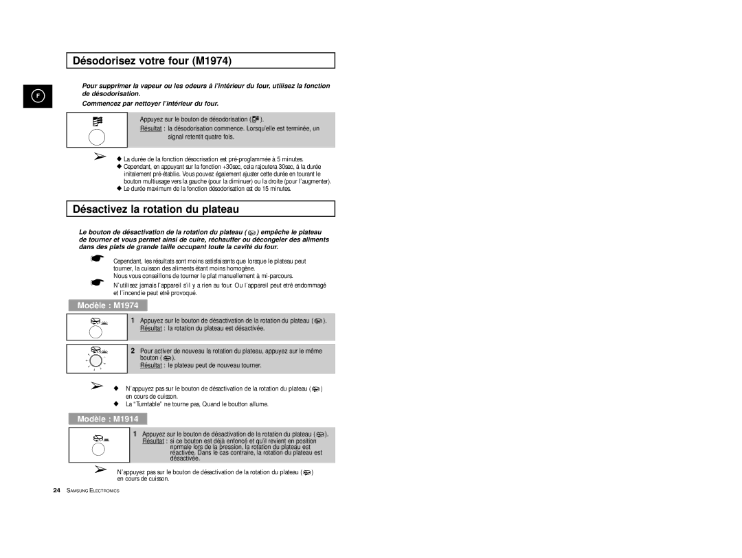 Samsung M1914/XEF, M1914A-X/XEF, M1974/XEF, M1974-1/XEF manual Désodorisez votre four M1974, Désactivez la rotation du plateau 