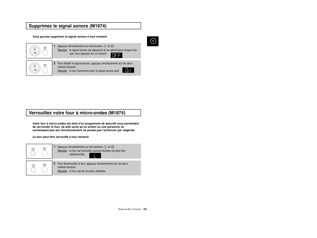 Samsung M1914A-X/XEF, M1974/XEF, M1974-1/XEF Supprimez le signal sonore M1974, Verrouillez votre four à micro-ondes M1974 