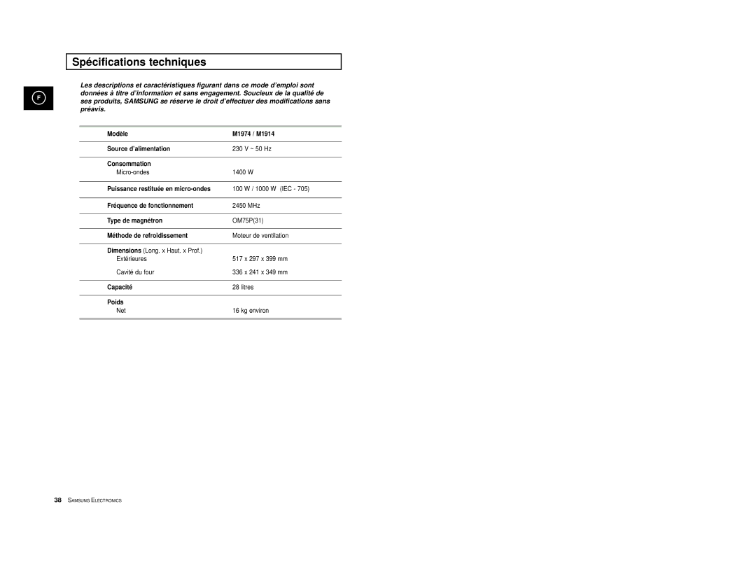 Samsung M1914-X/XEF, M1914A-X/XEF, M1974/XEF, M1974-1/XEF, M1914/XEF Spécifications techniques, Méthode de refroidissement 