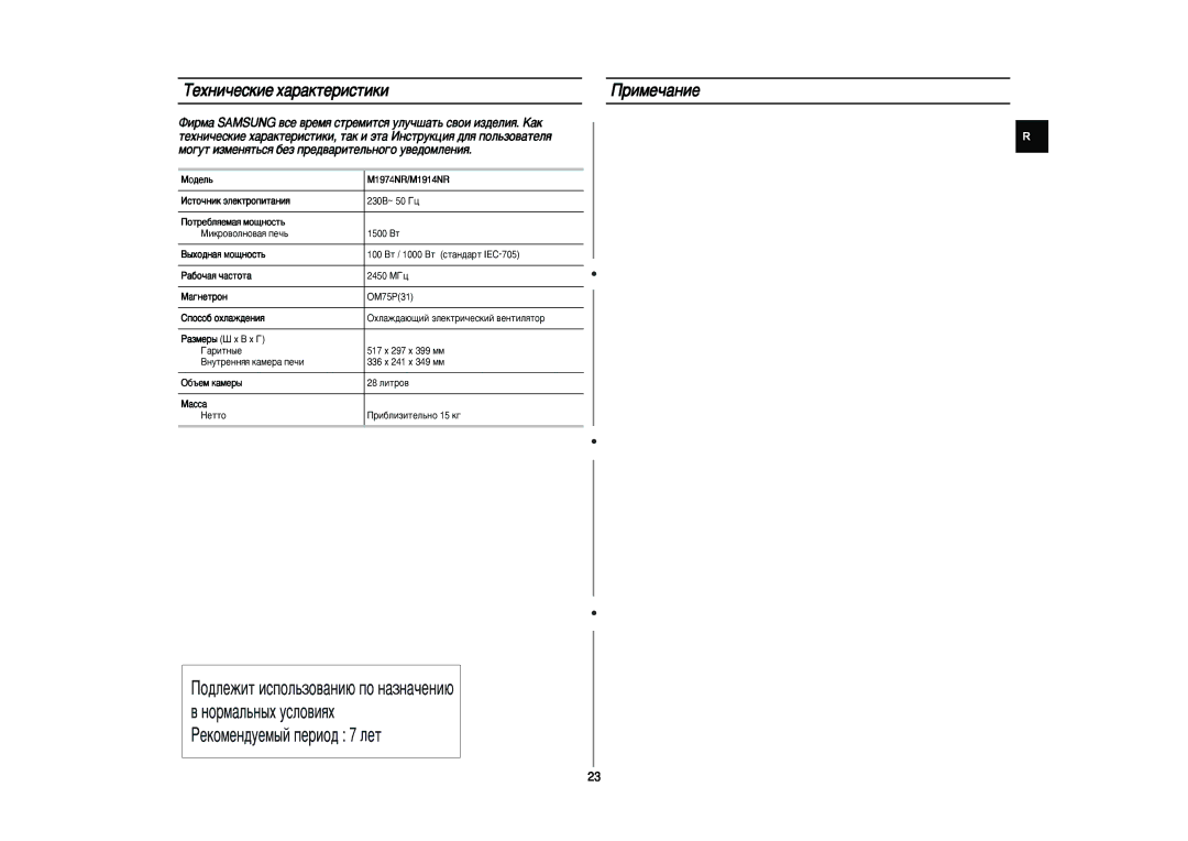 Samsung M1974NR/BWT, M1914NR-U/BWT, M1974NR-5/BWT manual TÂıÌË˜ÂÒÍËÂ ı‡‡ÍÚÂËÒÚËÍË ËÏe˜‡ÌËe, Mó‰Âî¸, ‡„Ìâúóì, ‡Òò‡ 