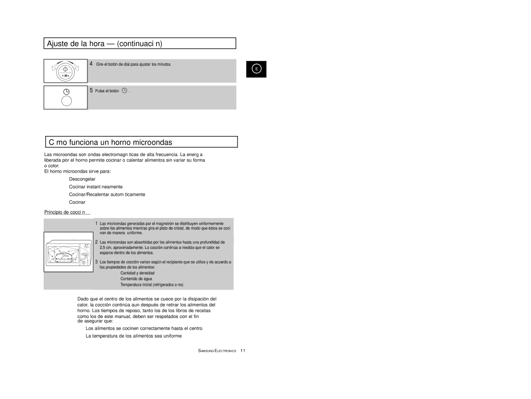 Samsung M1914/XEC manual Ajuste de la hora continuación, Cómo funciona un horno microondas 