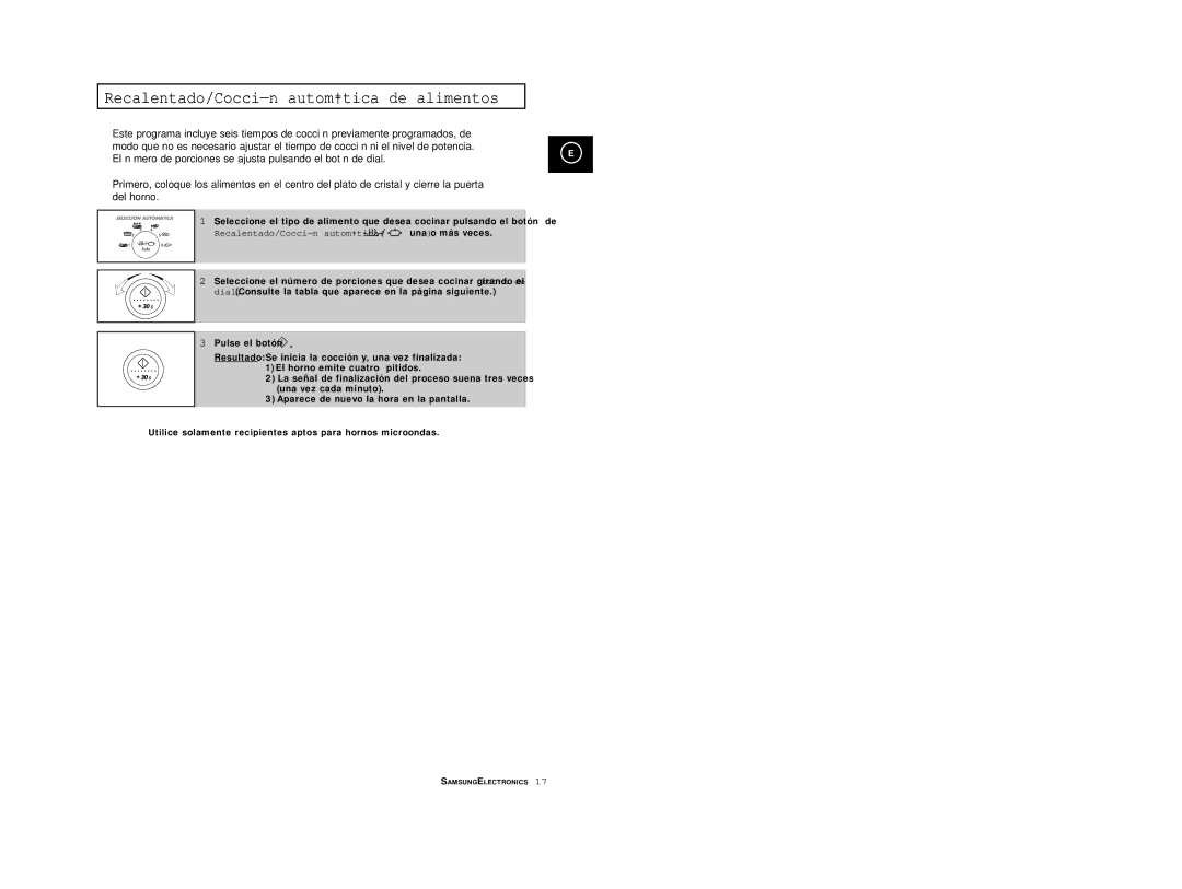 Samsung M1914/XEC manual Recalentado/Cocción automática de alimentos, Recalentado/Cocción automática Una o más veces 