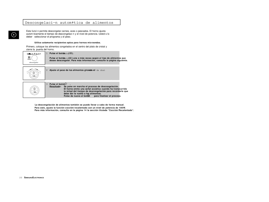 Samsung M1914/XEC manual Descongelación automática de alimentos 