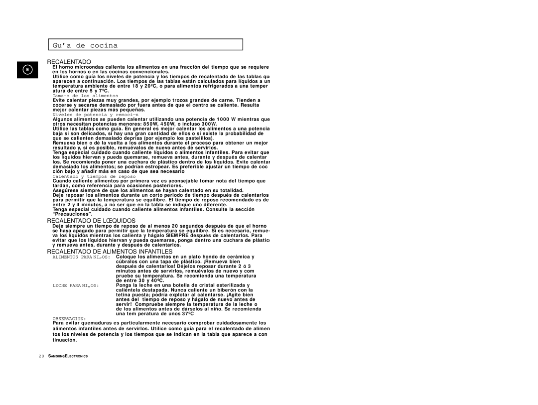 Samsung M1914/XEC manual Tamaño de los alimentos, Niveles de potencia y remoción, Calentado y tiempos de reposo 