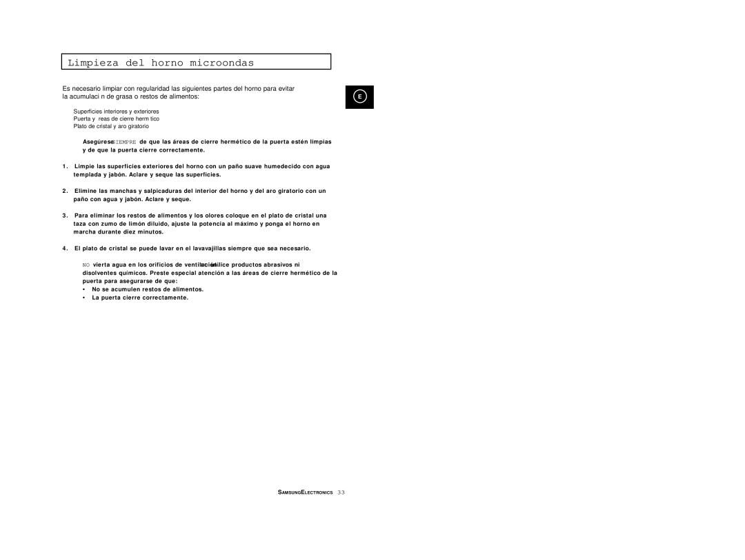 Samsung M1914/XEC manual Limpieza del horno microondas 