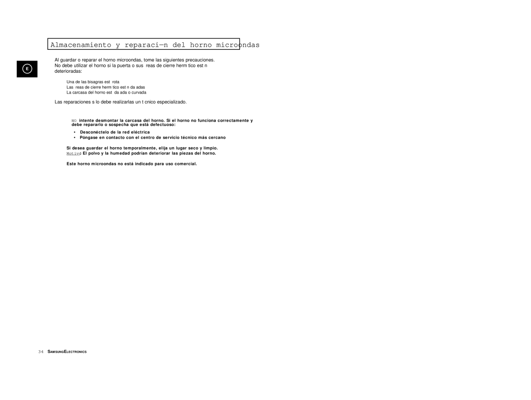 Samsung M1914/XEC manual Almacenamiento y reparación del horno microondas 
