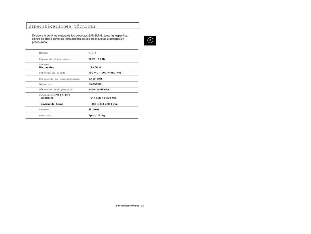 Samsung M1914/XEC manual Especificaciones técnicas 