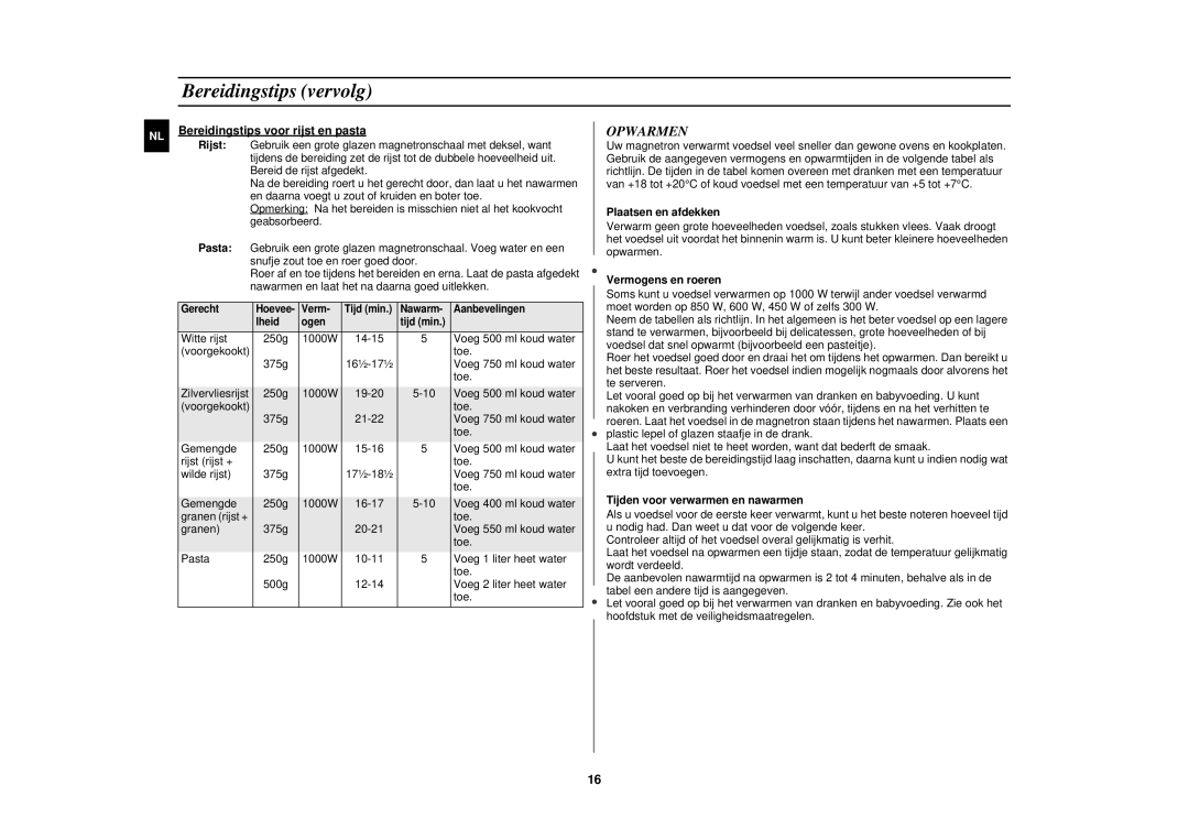 Samsung M1917N, M1927N manual Opwarmen, Bereidingstips voor rijst en pasta, Plaatsen en afdekken, Vermogens en roeren 