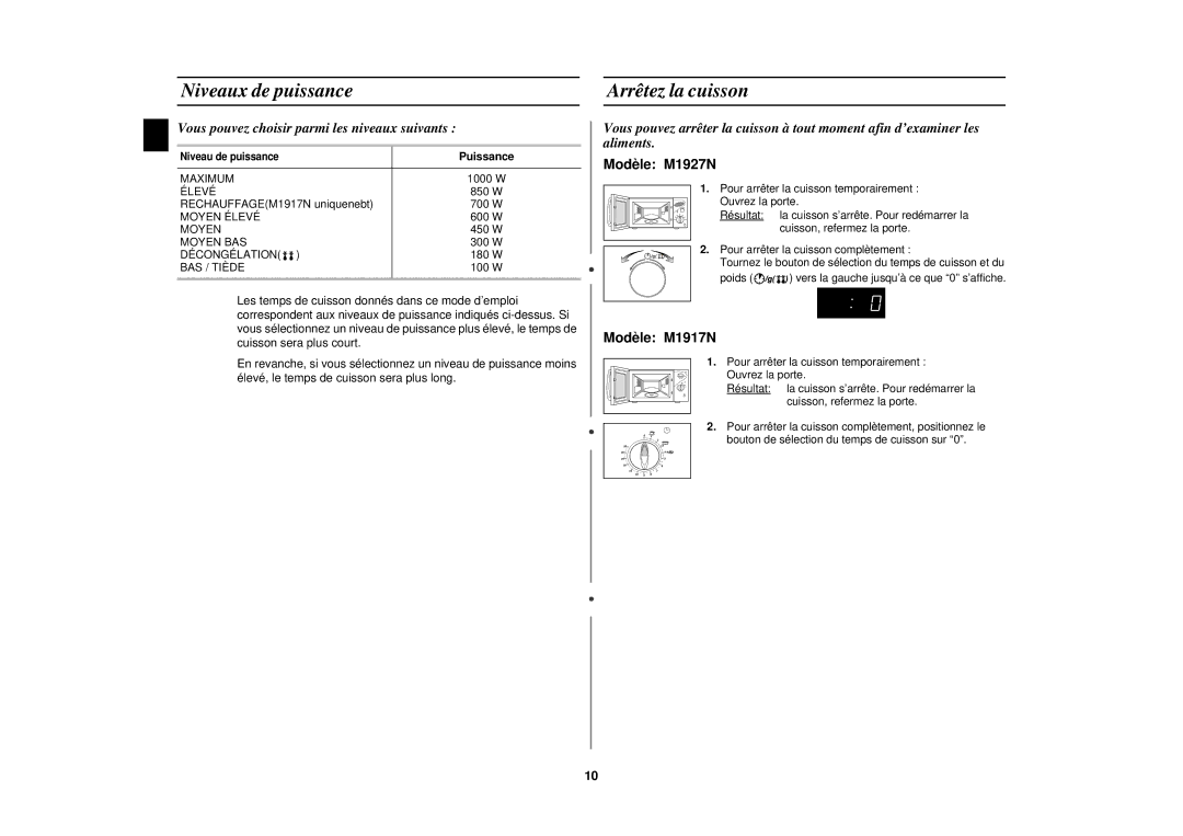 Samsung M1917N, M1927N Niveaux de puissance, Arrêtez la cuisson, Vous pouvez choisir parmi les niveaux suivants, Puissance 