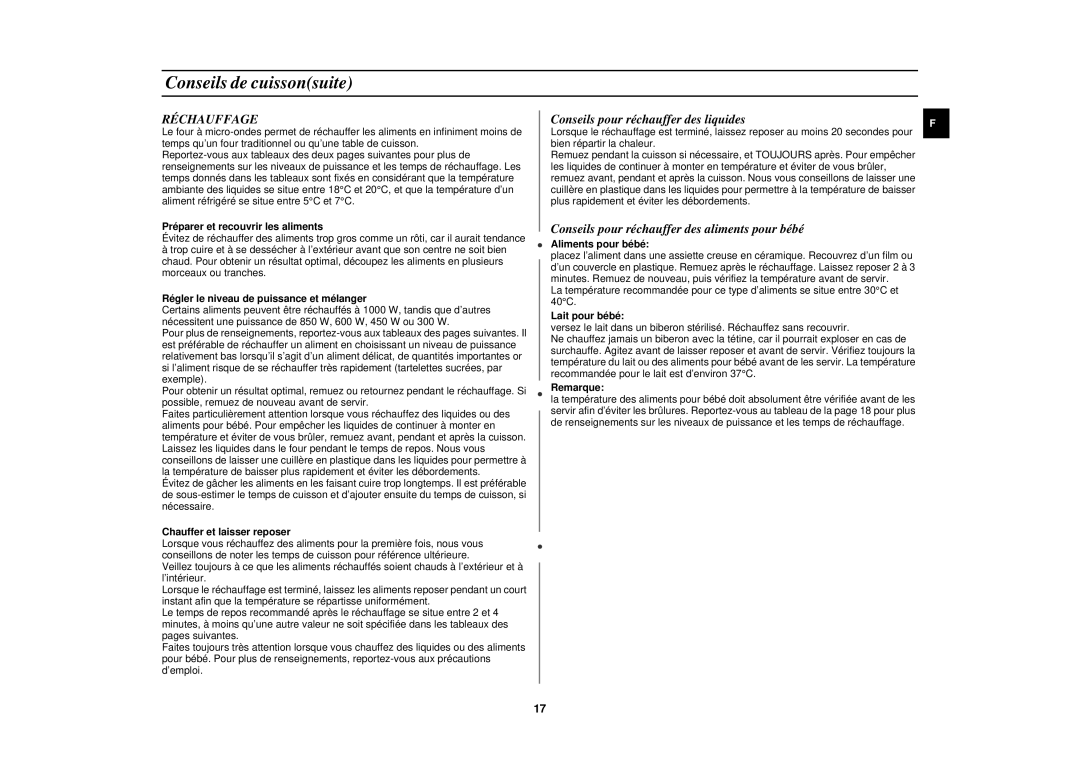 Samsung M1927N, M1917N Réchauffage, Conseils pour réchauffer des liquides, Conseils pour réchauffer des aliments pour bébé 