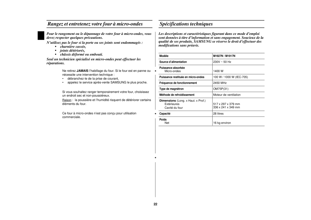 Samsung M1917N, M1927N manual Rangez et entretenez votre four à micro-ondes, Spécifications techniques 