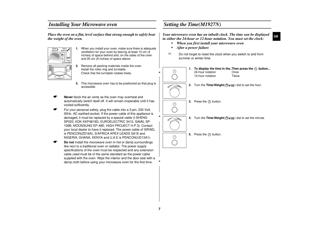 Samsung M1917N manual Installing Your Microwave oven Setting the TimeM1927N, To display the time in the..Then press 