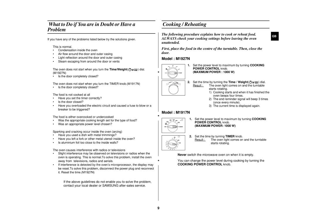 Samsung M1927N, M1917N manual What to Do if You are in Doubt or Have a Problem, Cooking / Reheating 