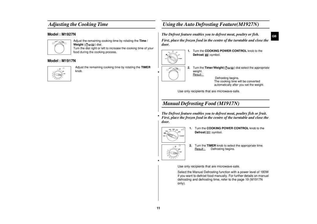 Samsung manual Adjusting the Cooking Time, Using the Auto Defrosting FeatureM1927N, Manual Defrosting Food M1917N 